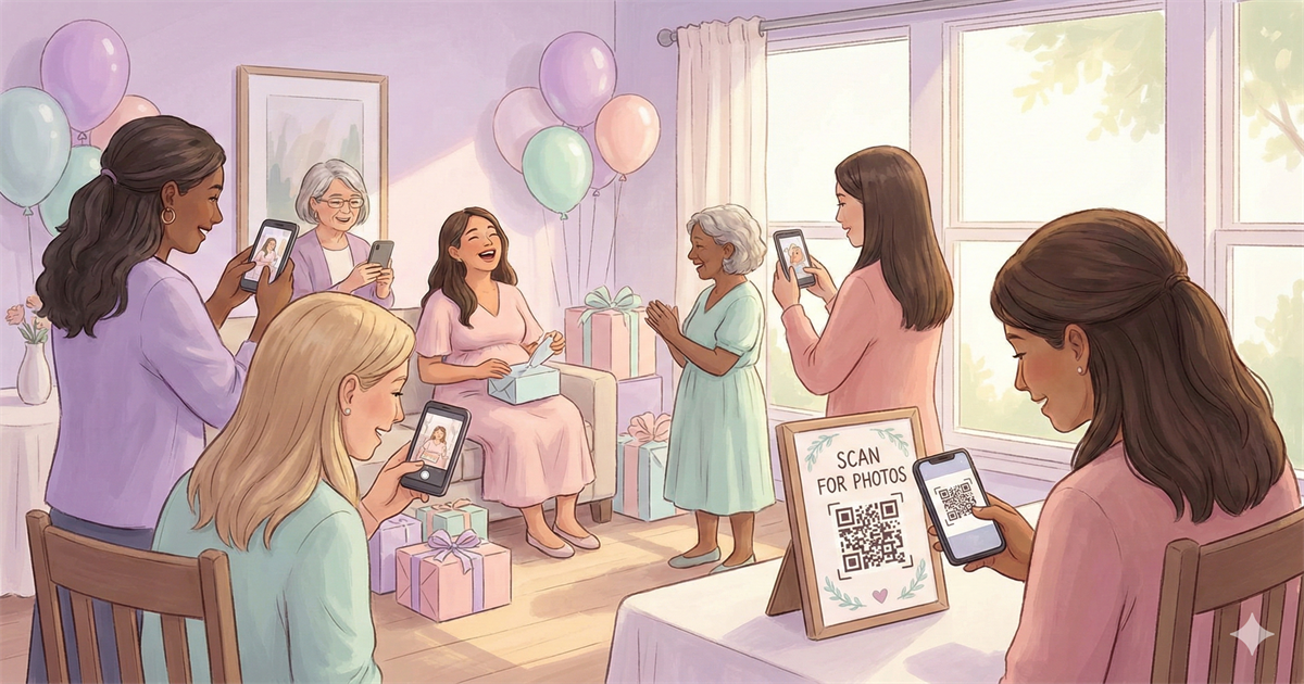Baby shower guests taking photos and scanning QR code to share them