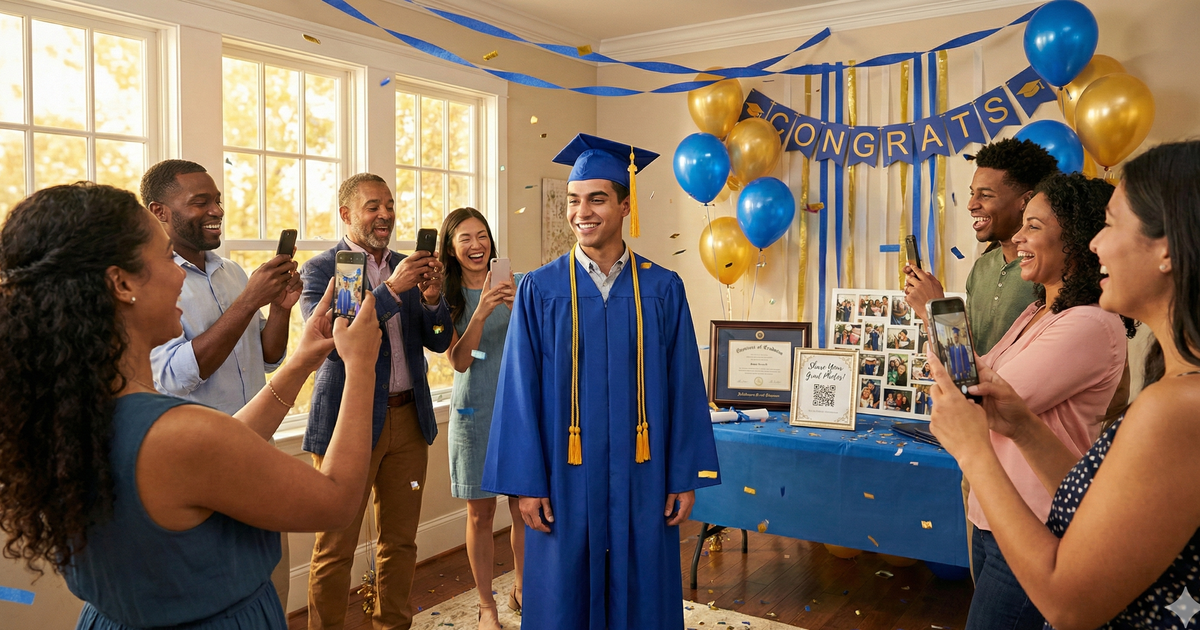 Graduation party with graduates taking selfies and a QR code photo sharing sign