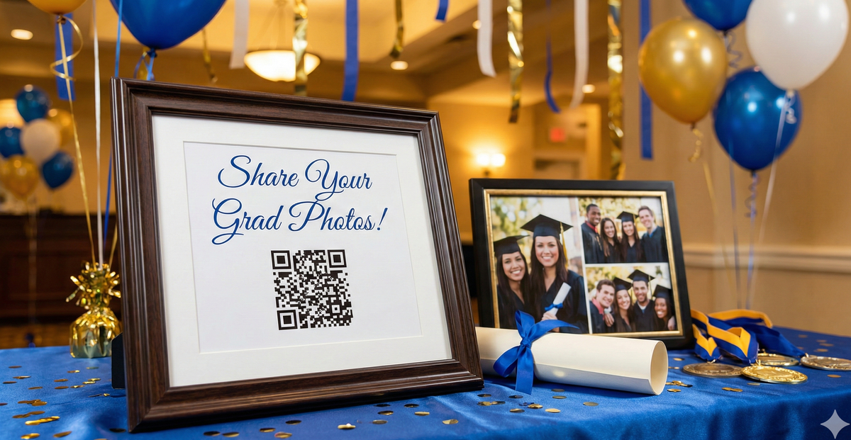 QR code sign at a graduation party next to diploma and photos