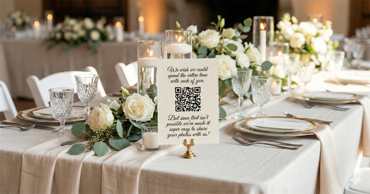 Elegant wedding table card with QR code surrounded by roses and candles